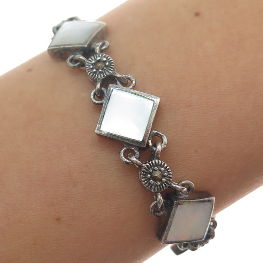 925 Sterling Silver Vintage MOP & Marcasite Art Deco Style Oxidized Bracelet 7"