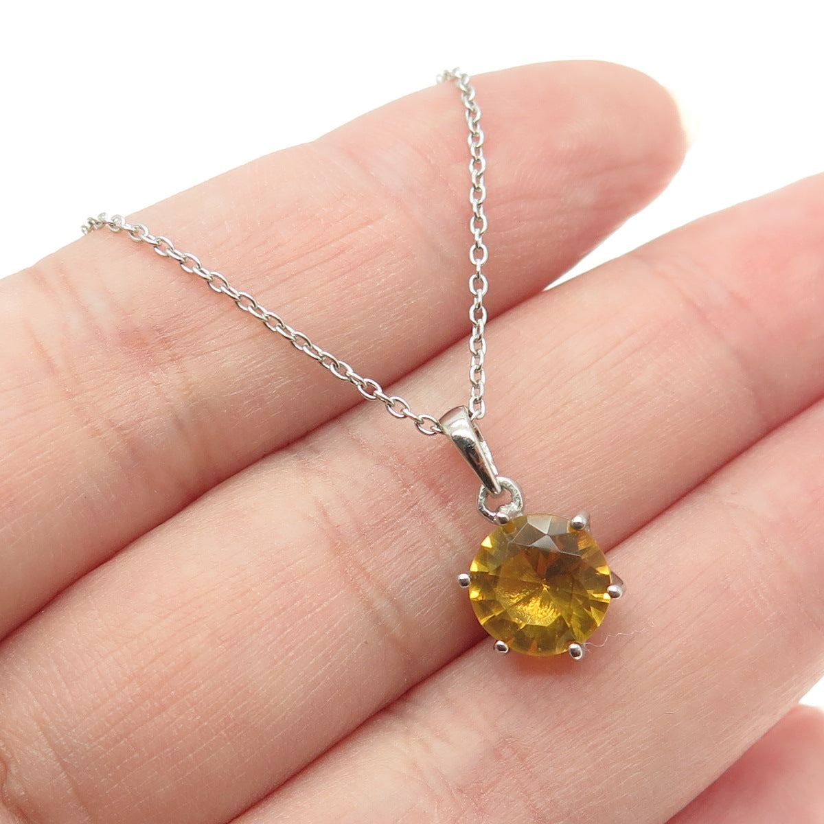 925 Sterling Silver Real Round-Cut Citrine Cable Chain Necklace 18"