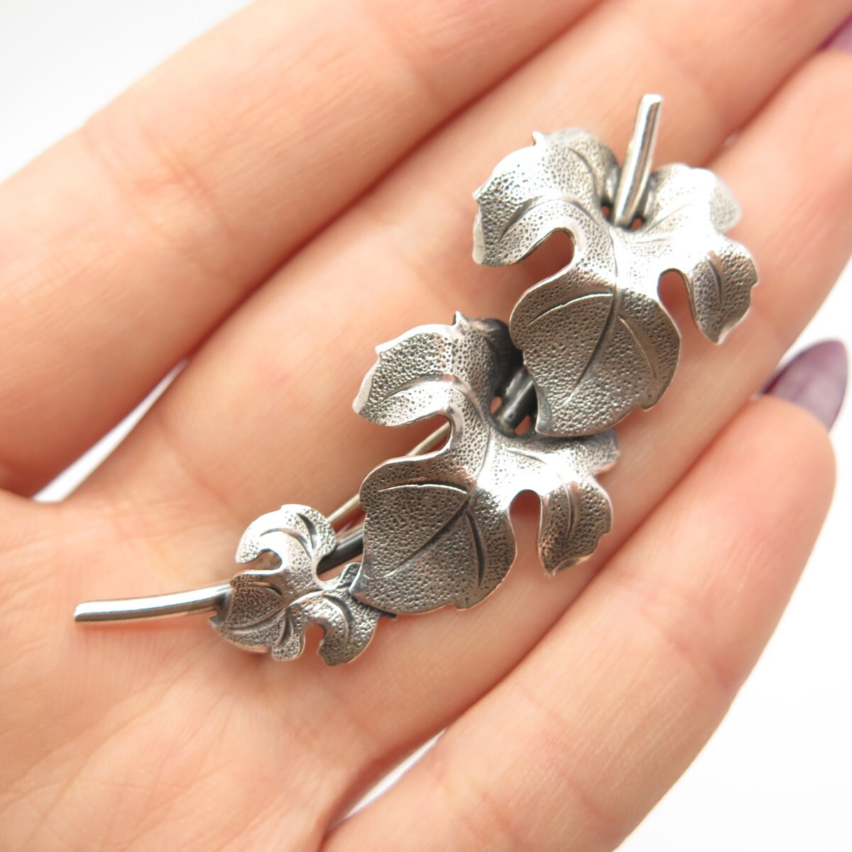 925 Sterling Silver Vintage BEAU Textured Leaf Pin Brooch