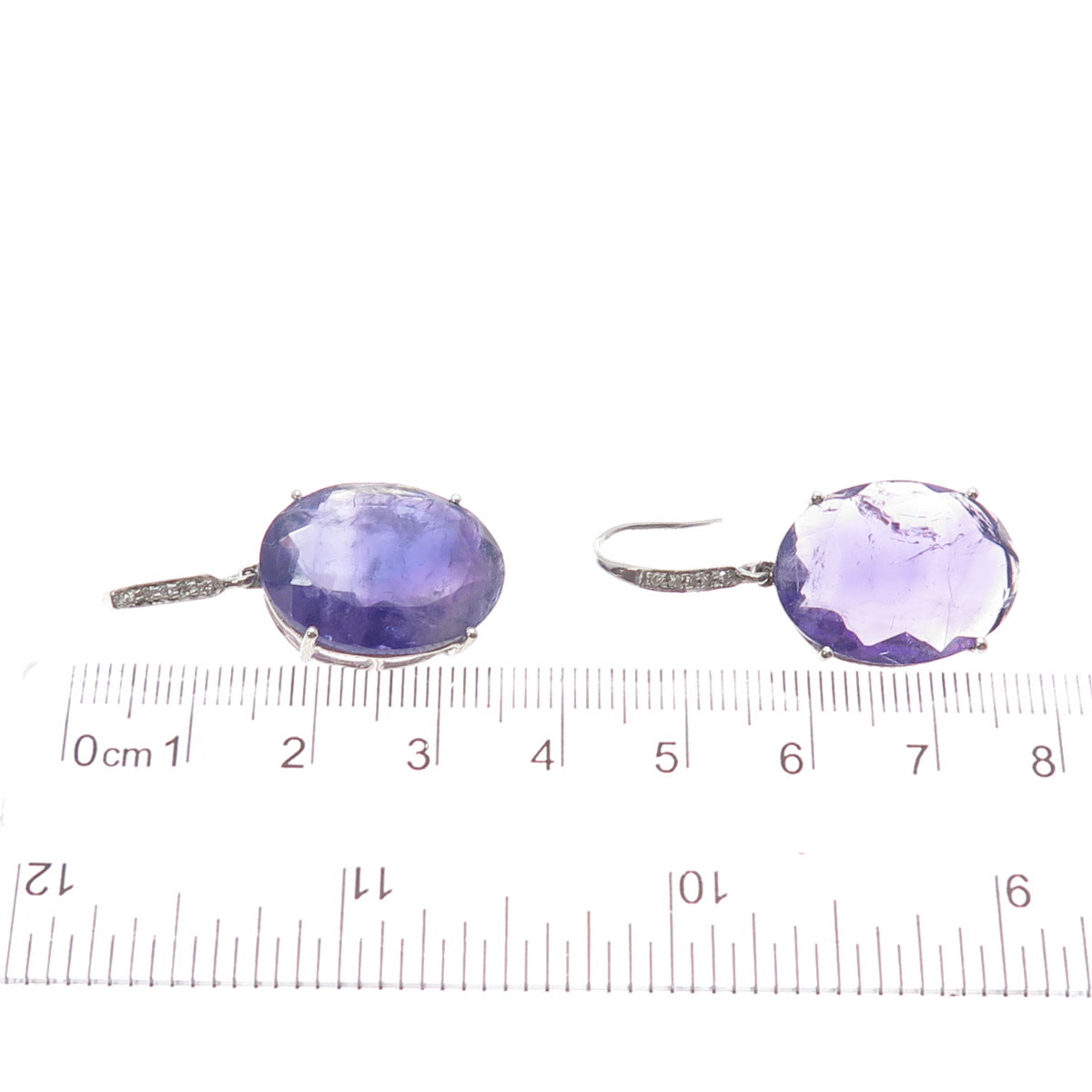 DSMK 925 Sterling Silver Real Diamond & Oval-Cut Amethyst Dangle Earrings