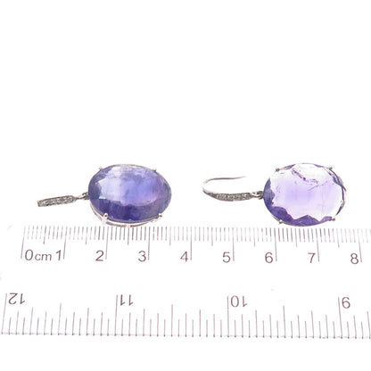 DSMK 925 Sterling Silver Real Diamond & Oval-Cut Amethyst Dangle Earrings