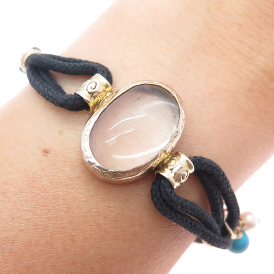 925 Sterling Gold Plated Vintage Real Quartz Pearl Coral Turquoise Bracelet 5.5"