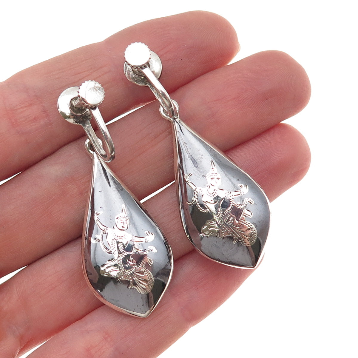 925 Sterling Antique Art Deco Siam Niello Hindu Goddess Screw Back Earrings