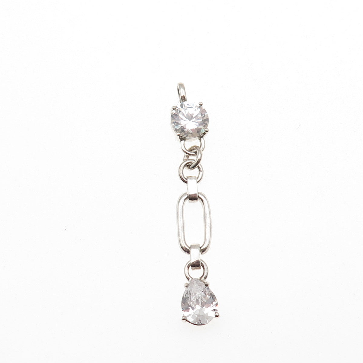 925 Sterling Silver Round & Pear-Cut C Z Drop Charm Pendant