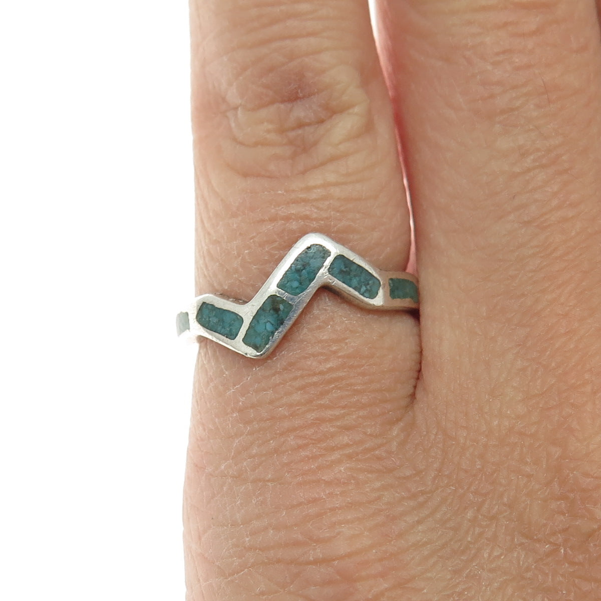 Old Pawn 925 Sterling Silver Vintage Real Turquoise Inlay Zig Zag Ring Size 5.25