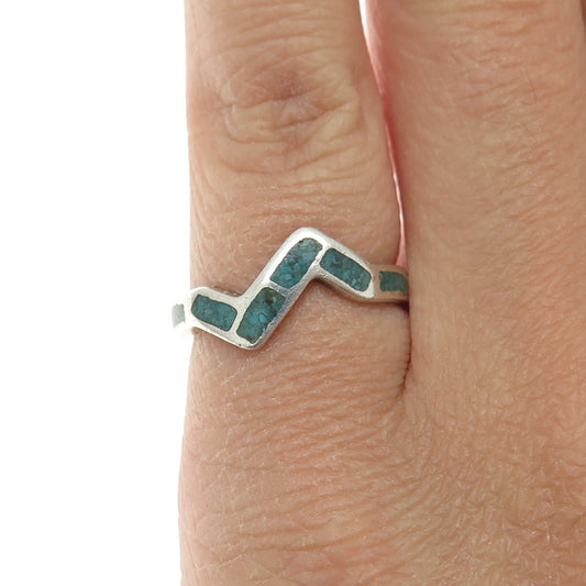 Old Pawn 925 Sterling Silver Vintage Real Turquoise Inlay Zig Zag Ring Size 5.25