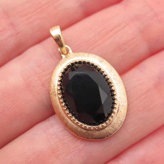 925 Sterling Silver Gold Plated Real Oval-Cut Black Spinel Charm Pendant