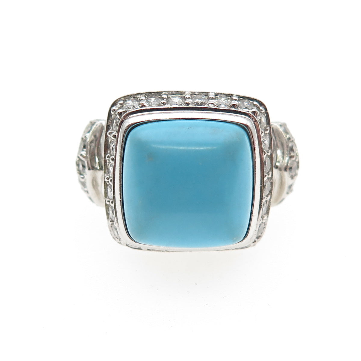 925 Sterling Silver Real Turquoise & Round-Cut C Z Ring Size 8