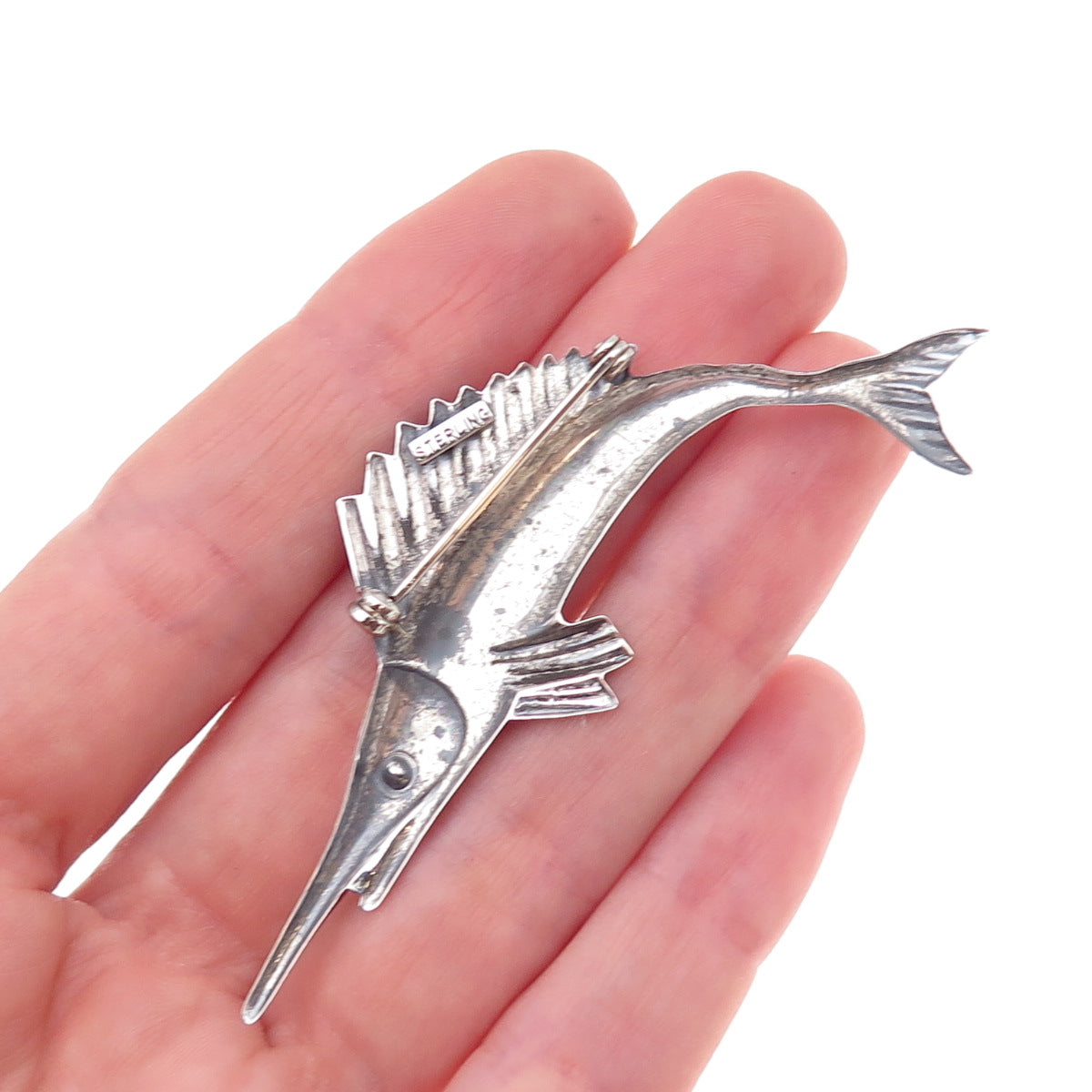925 Sterling Silver Vintage Swordfish Oxidized Pin Brooch