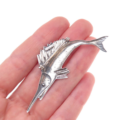 925 Sterling Silver Vintage Swordfish Oxidized Pin Brooch