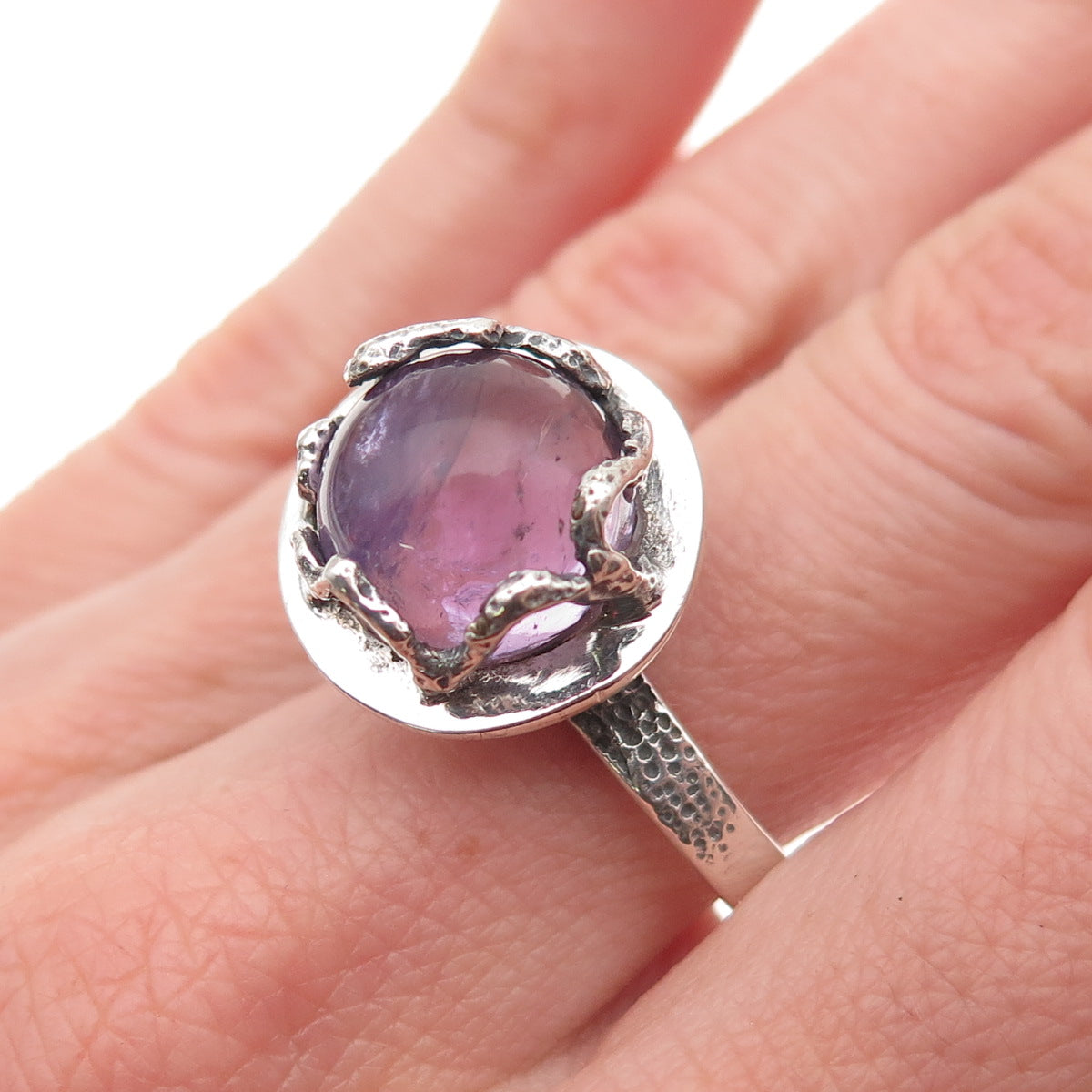 925 Sterling Silver Vintage Real Amethyst Modernist Oxidized Ring Size 9