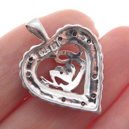 925 Sterling Silver 2-Tone Real Black & White Diamond "Love" Heart Pendant