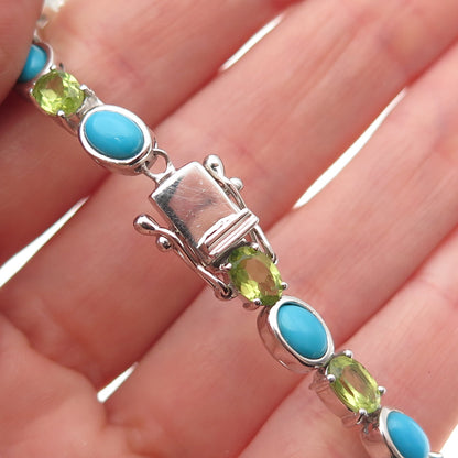 925 Sterling Silver Real Oval-Cut Turquoise & Peridot Chain Necklace 20"