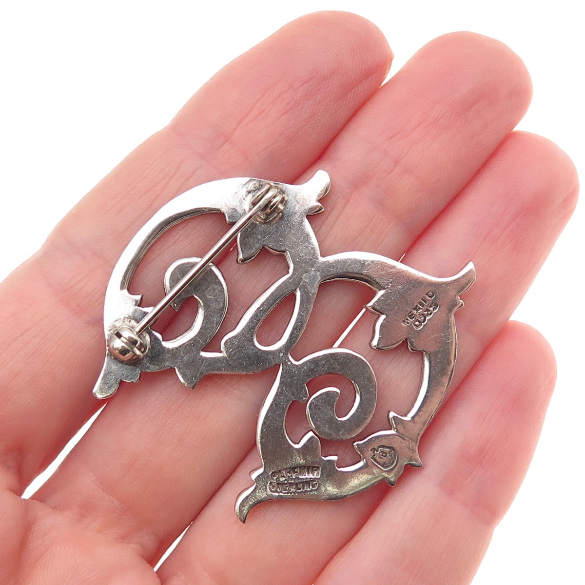 Plafina 925 Sterling Silver Vintage Mexico Letter E Floral Oxidized Pin Brooch