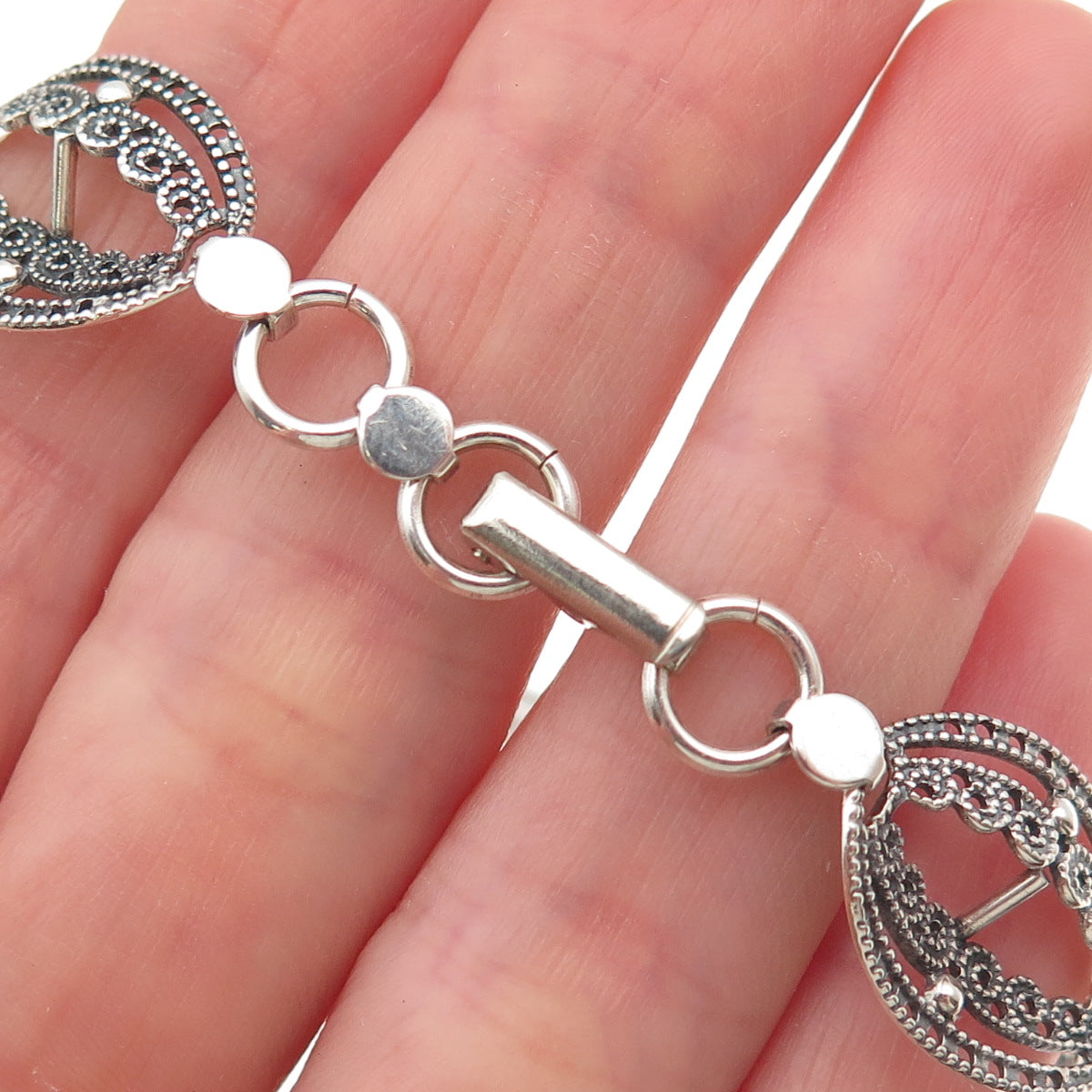BEAU Sterling Silver Antique Art Deco Petal Filigree Oxidized Link Bracelet 7"