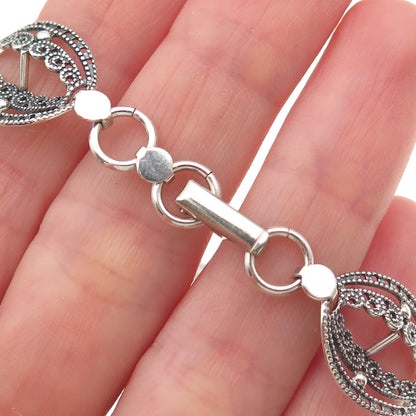 BEAU Sterling Silver Antique Art Deco Petal Filigree Oxidized Link Bracelet 7"