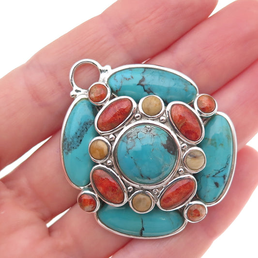 Barse 925 Sterling Silver Vintage Real Turquoise Coral Jasper Modernist Pendant