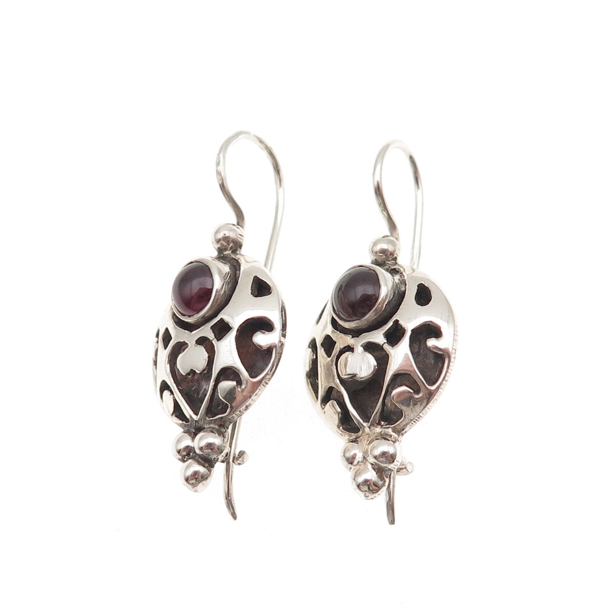 925 Sterling Silver Vintage Real Red Garnet Modernist Heart Oxidized Earrings