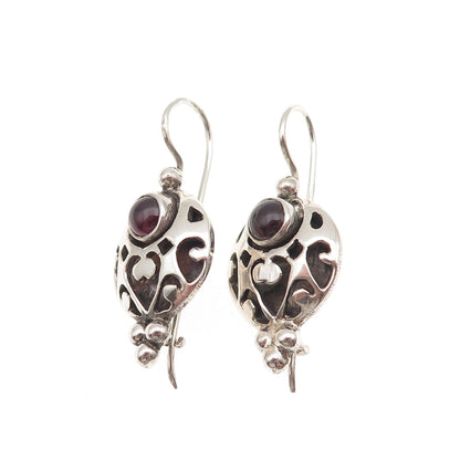925 Sterling Silver Vintage Real Red Garnet Modernist Heart Oxidized Earrings