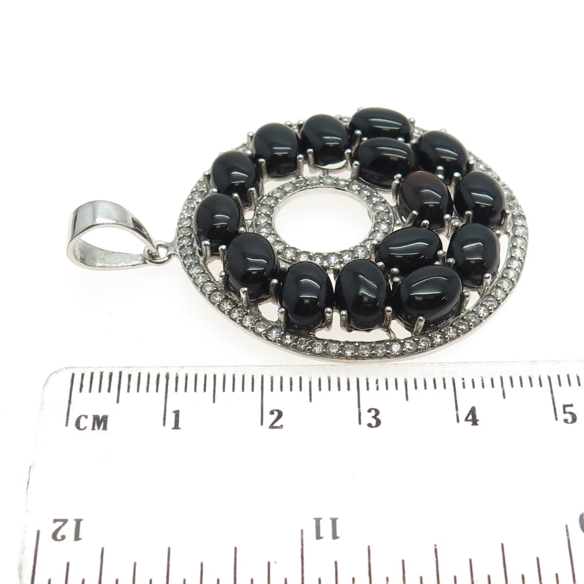 925 Sterling Silver Real Black Onyx & C Z Round Cluster Pendant