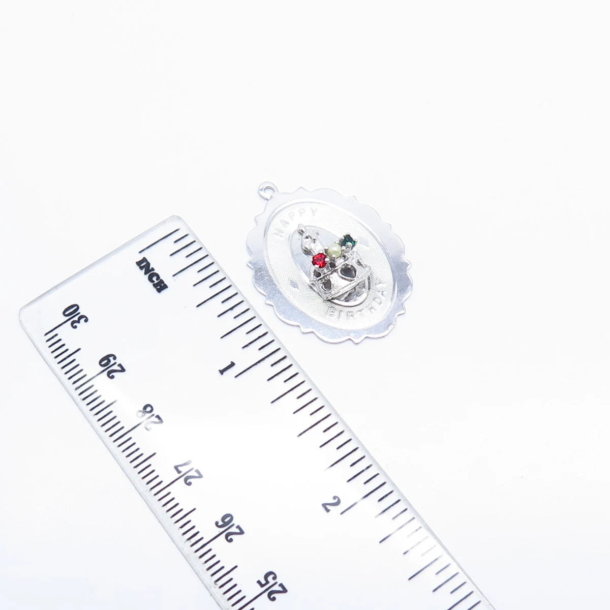 925 Sterling Silver Antique Multi-Color Rhinestone "Happy Birthday" Cake Pendant