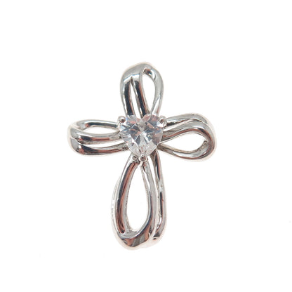 SAI 925 Sterling Silver Heart-Cut C Z Cross Minimalist Slide Pendant