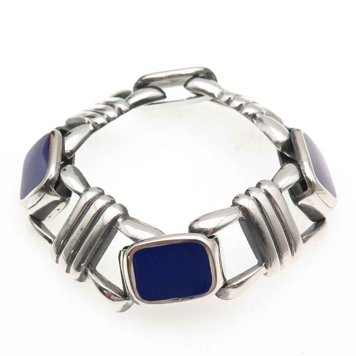 925 Sterling Silver Vintage Italy Real Lapis Heavy 76.4g Anchor Link Bracelet 7"