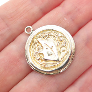 925 Sterling Silver Gold Plated Vintage Floral Leaf Seal Stamp Charm Pendant