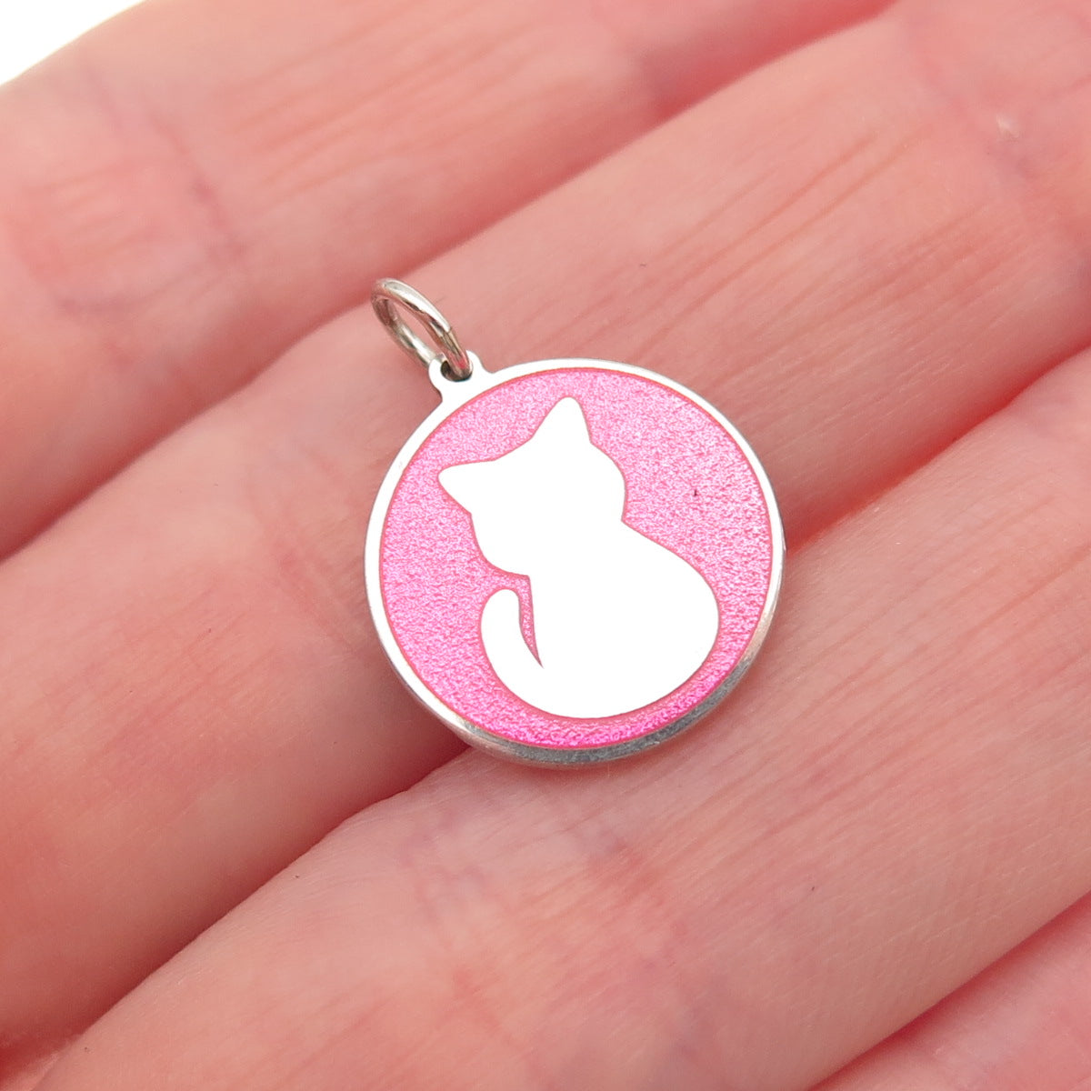 925 Sterling Silver Pink Enamel Cat Round Tag Mini Charm Pendant
