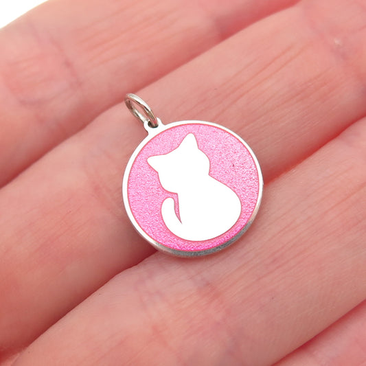 925 Sterling Silver Pink Enamel Cat Round Tag Mini Charm Pendant