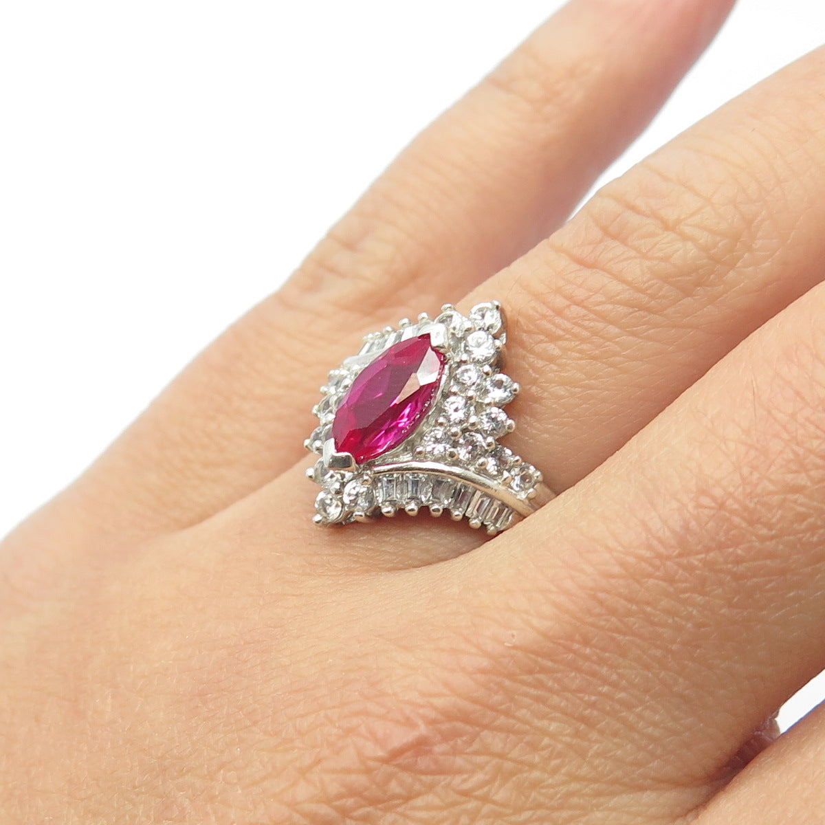 925 Sterling Silver Real White Topaz Gem & Lab-Created Pink Sapphire Ring Size 7