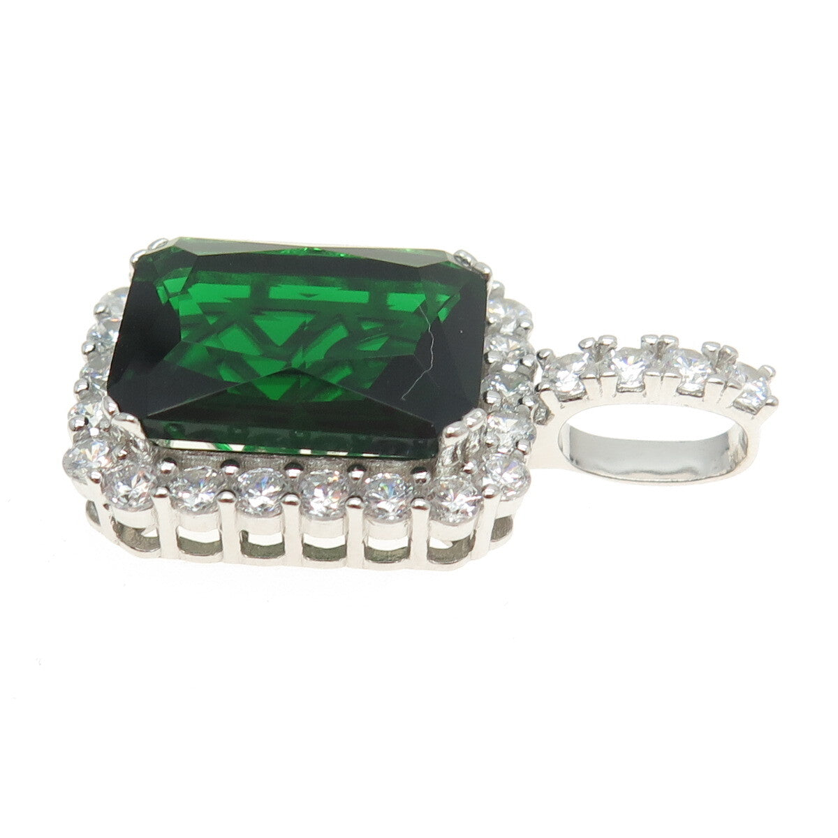925 Sterling Silver Radiant-Cut Green Glass & Round-Cut C Z Pendant
