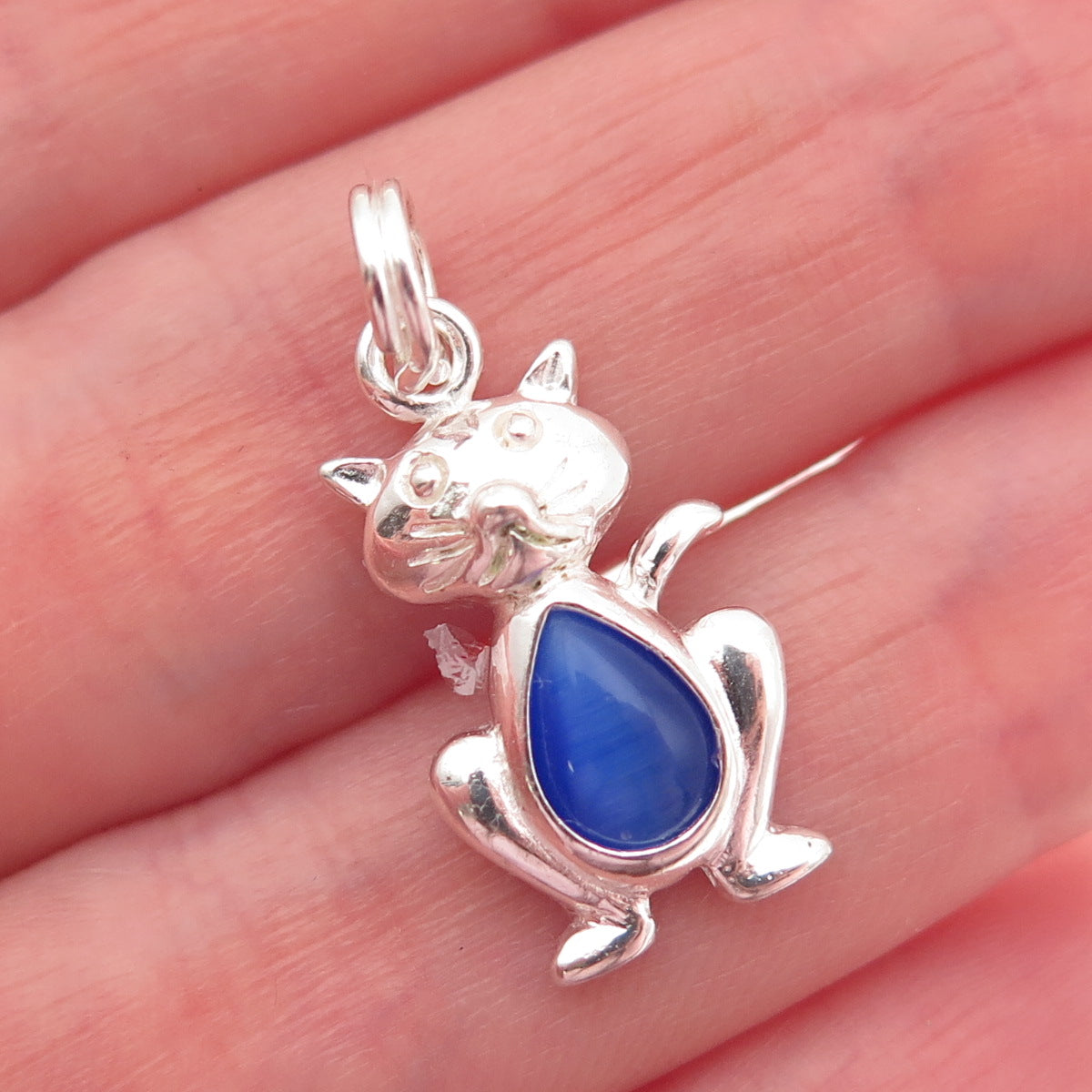 925 Sterling Silver Vintage Real Blue Chalcedony Cat Charm Pendant