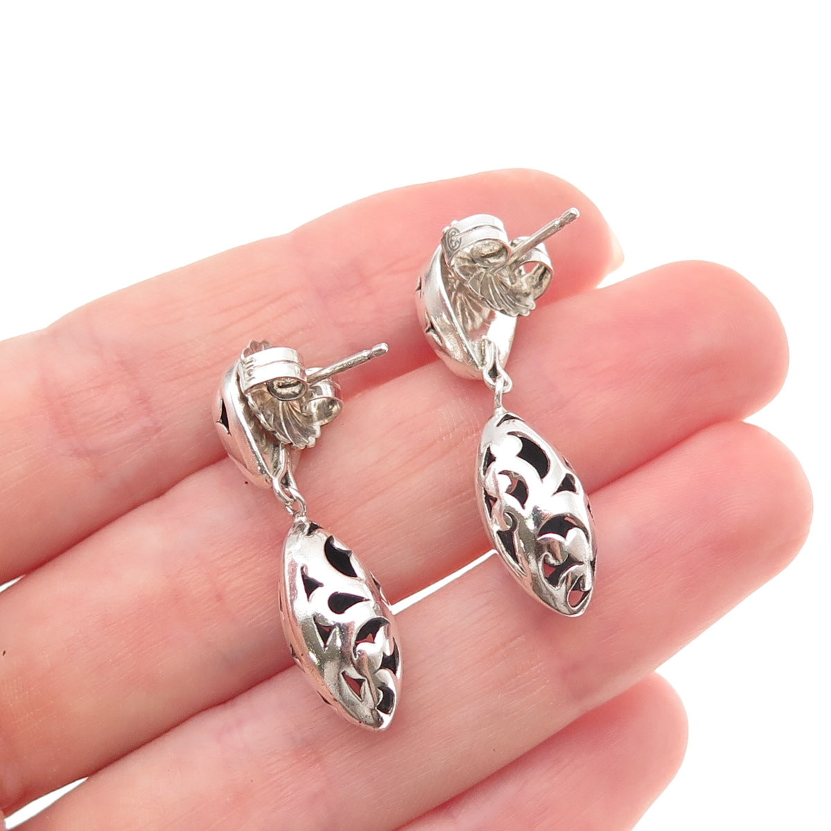 925 Sterling Silver Vintage Modernist Floral Scroll Oxidized Dangle Earrings