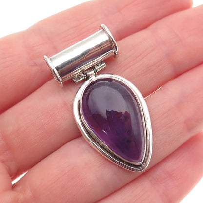 925 Sterling Silver Vintage Real Amethyst Modernist Oxidized Slide Pendant