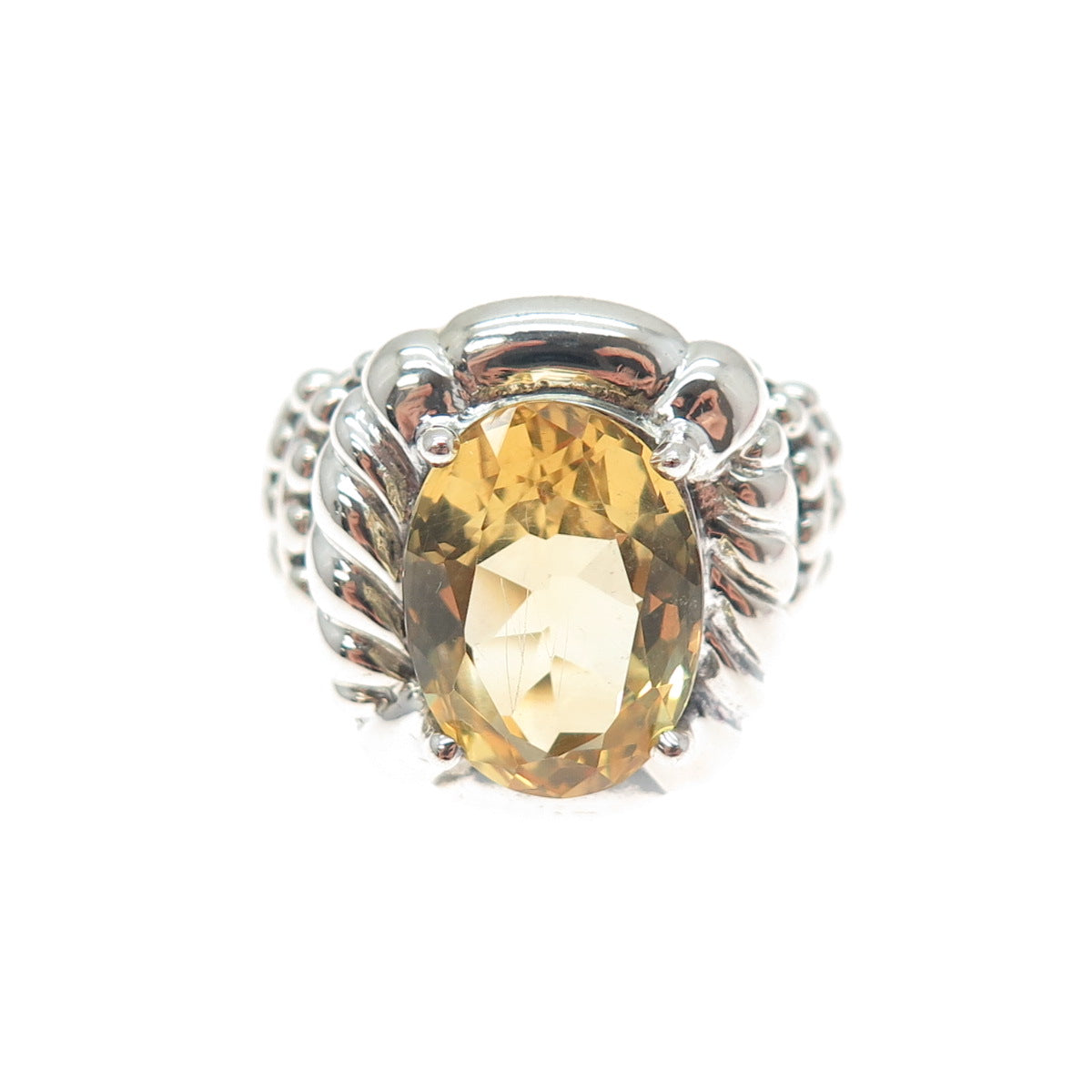 CLYDE DUNEIER CID 925 Sterling Silver Vintage Real Citrine Ribbed Ring Size 7.75
