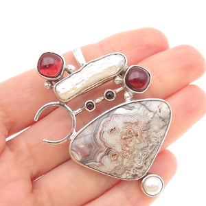 Som’s Sterling Vintage Real Agate Pearl Rhodonite Modernist Pin Brooch / Pendant