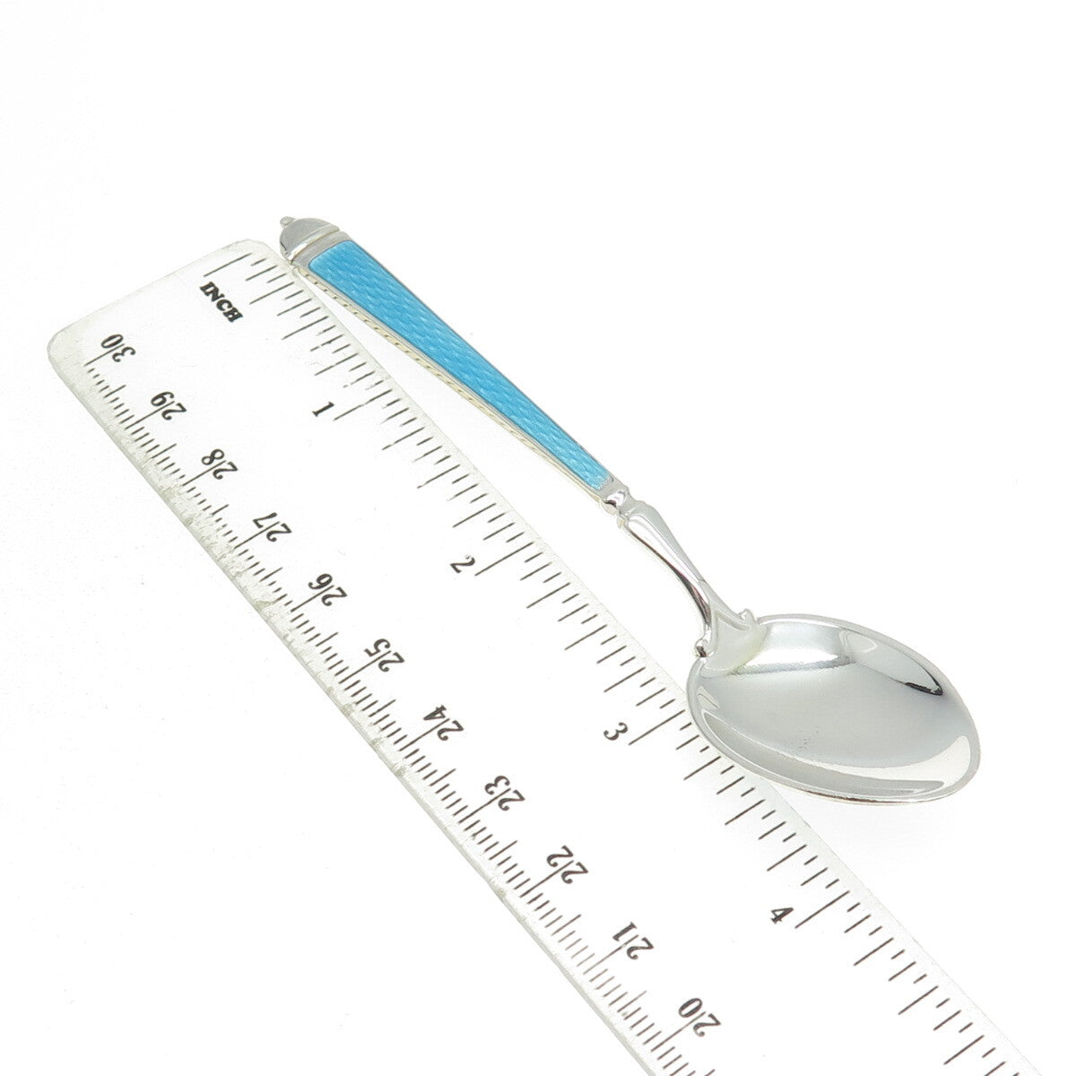 WATSON 925 Sterling Silver Vintage Blue & White Guilloche Enamel Coffee Spoon