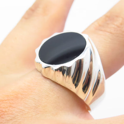 925 Sterling Silver Vintage Real Black Onyx Gemstone Ribbed Ring Size 11