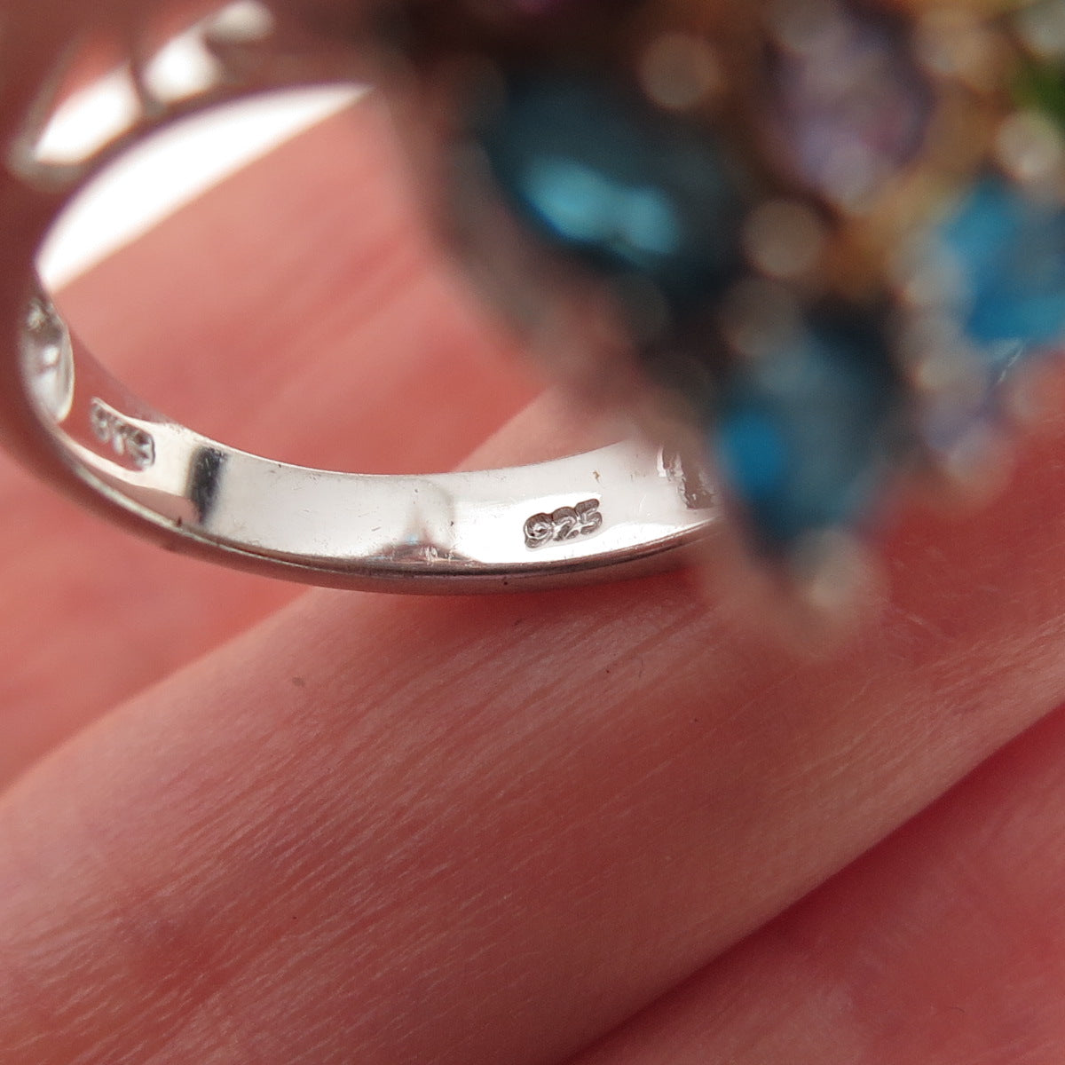 Chuck Clemency 925 Sterling Silver 2-Tone Real Multi-Color Gem Ring Size 8.25