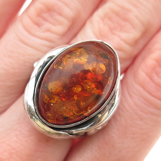 875 Silver Vintage Poland Real Amber Modernist Floral Oxidized Ring Sized 6.5