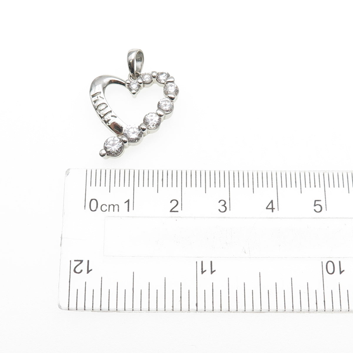 925 Sterling Silver Graduated Round-Cut C Z Mom Heart Charm Pendant