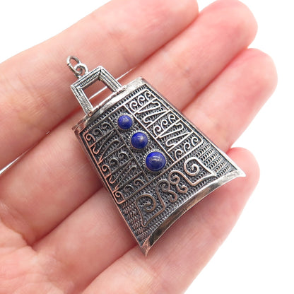 925 Sterling Silver Antique Real Lapis Chatelaine Filigree Box Oxidized Pendant