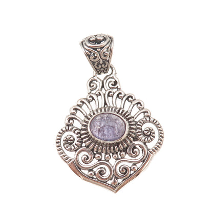 925 Sterling Silver Vintage Real Tanzanite Floral Scroll Oxidized Charm Pendant