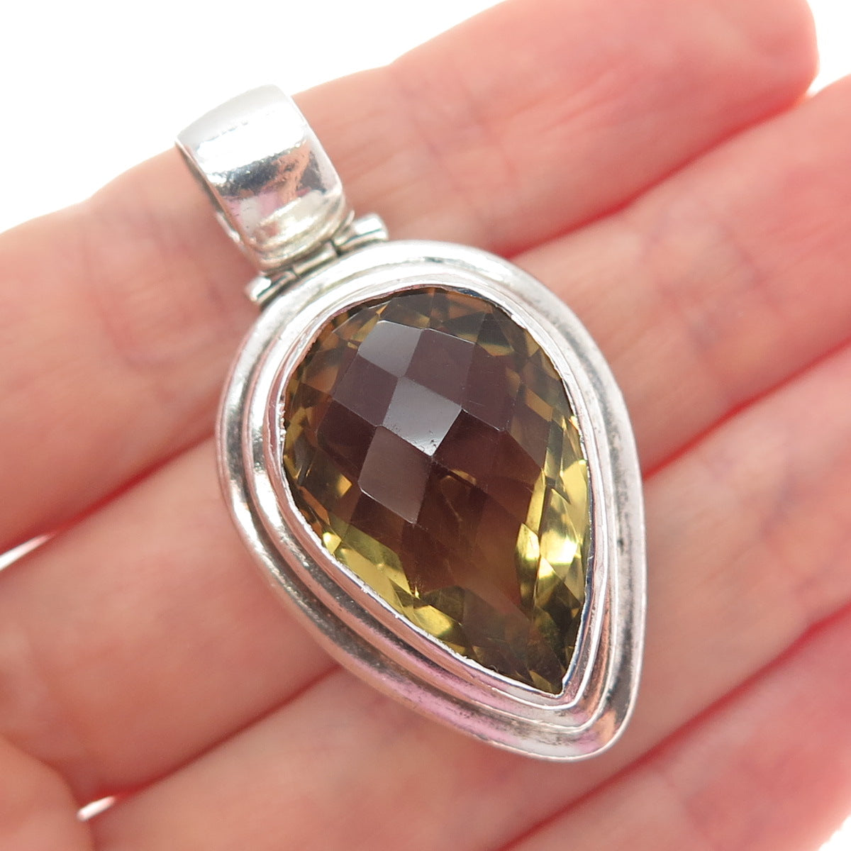925 Sterling Silver Vintage Real Pear-Cut Smoky Quartz Teardrop Pendant