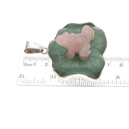 OBSIDIAN 925 Sterling Vintage Real Rose Quartz & Jade Frog Large 59.8g Pendant