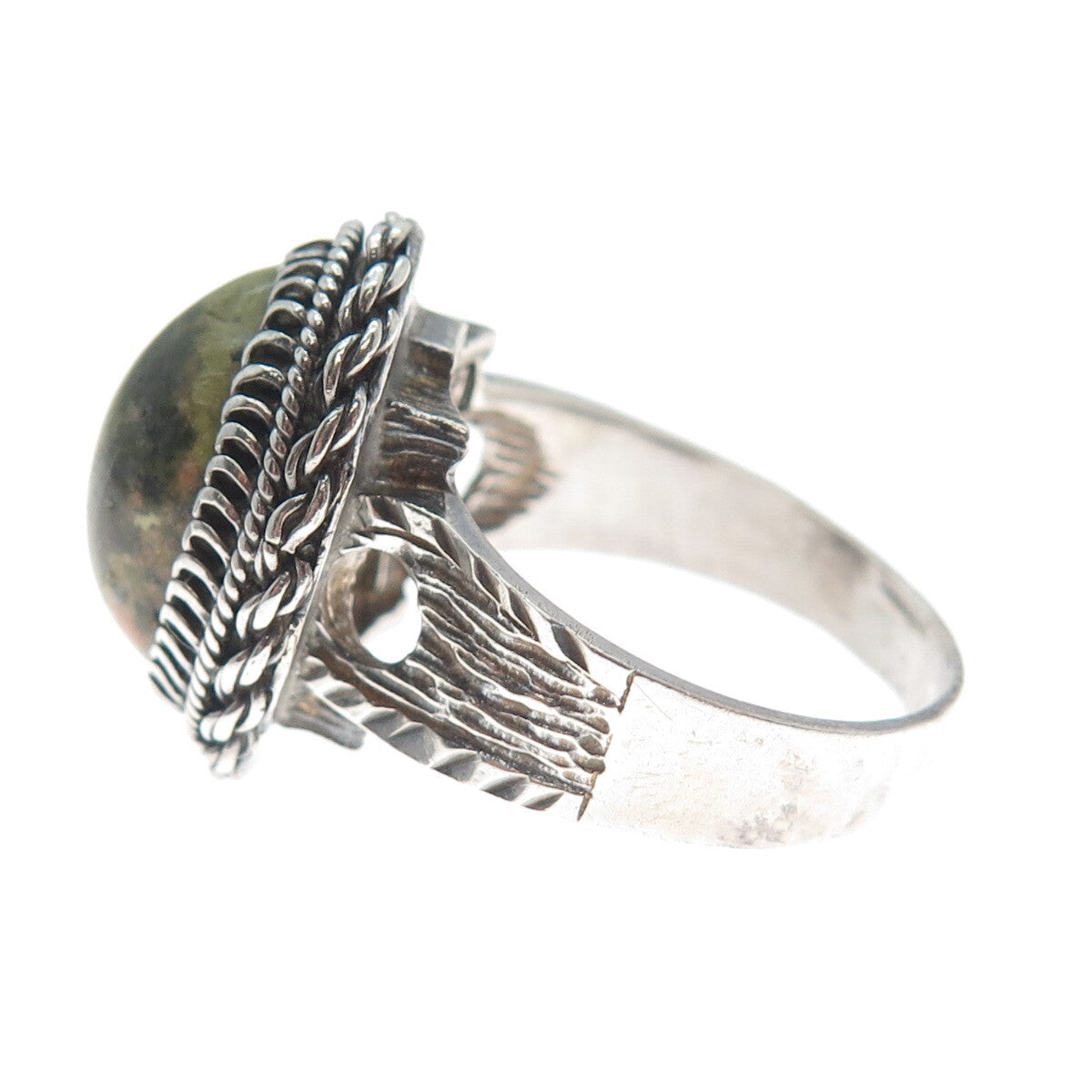 925 Sterling Silver Vintage Real Unakite Oxidized Ring Size 9.75