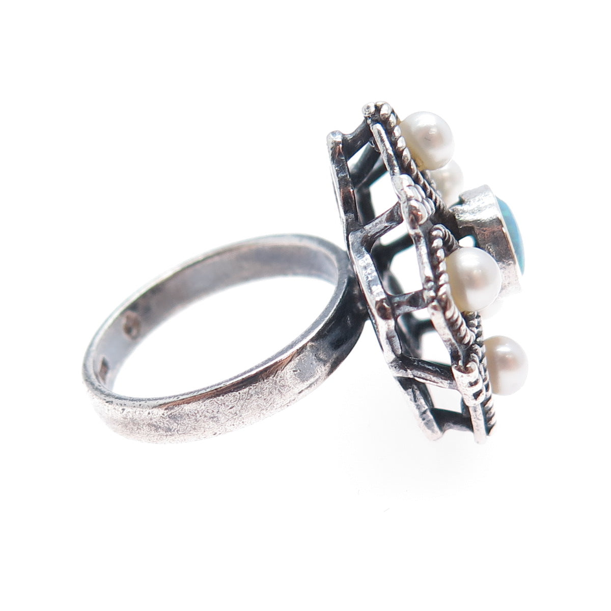 925 Sterling Silver Vintage Real Pearl & Opal Flower Oxidized Ring Size 7.25