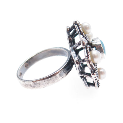 925 Sterling Silver Vintage Real Pearl & Opal Flower Oxidized Ring Size 7.25