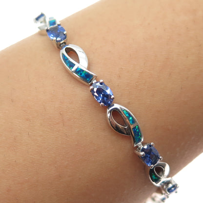 925 Sterling Silver Vintage Real Opal & Iolite Ribbon Link Bracelet 7.25"